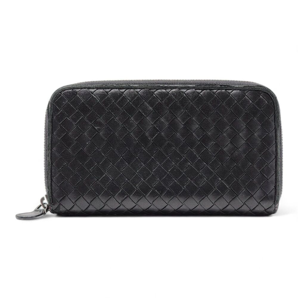 Bottega Veneta Intrecciato Leather Zip Around Wallet in Black